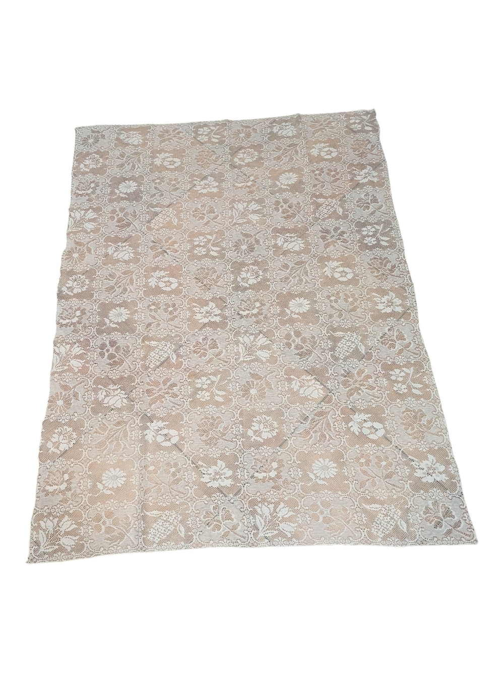 VTG Off White Rectangular Floral Repetitive Lace Overlay Tablecloth 65x48.5